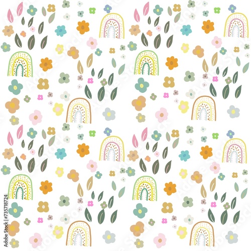 Seamless pattern with floral rainbows and hand drawn flowers. Creative blooming texture. Great for fabric, textile Vector Illustration