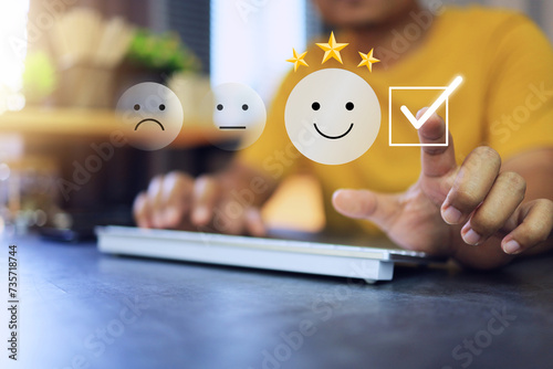 customer give feedback by tick correct check mark on smile face icon represent to good and satisfy for service and products