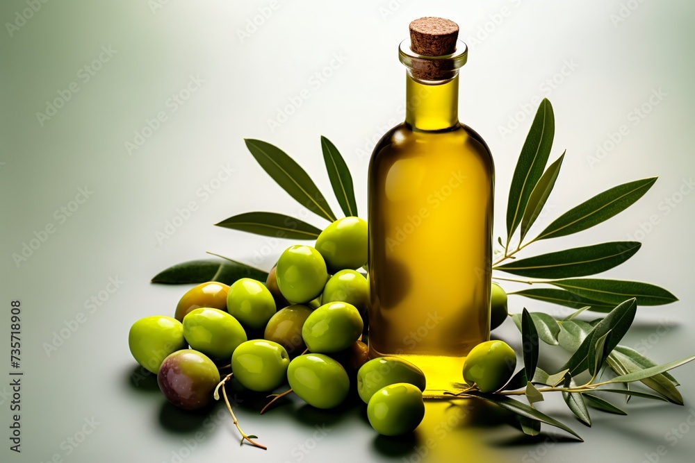 Olive oil with fresh olives on white background Olive oil with fresh olives on white background