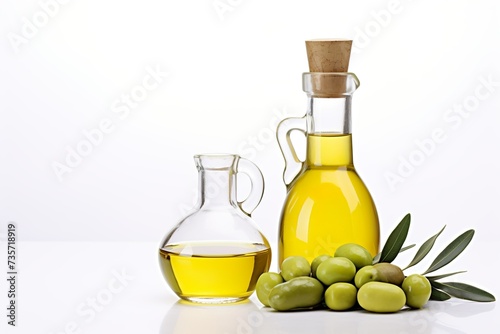 Olive oil with fresh olives on white background