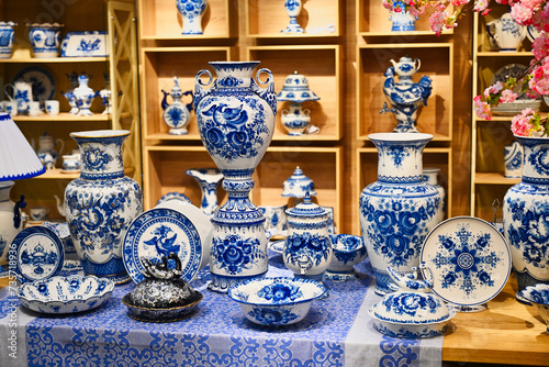 Collection of painted items in the Gzhel porcelain museum, Moscow region of Russia