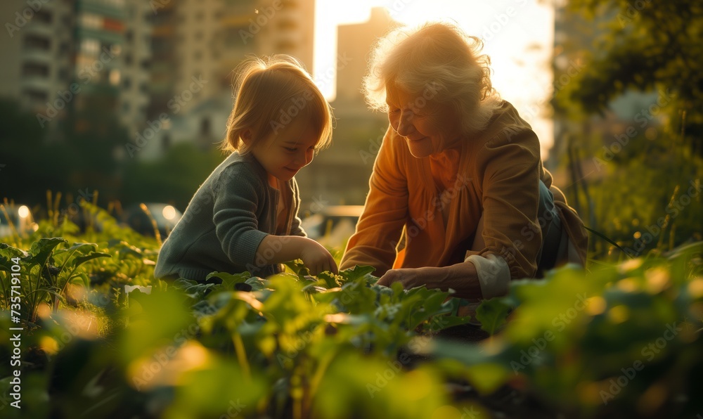 Golden Hour Gardening: Grandmother and Child Bonding Golden Hour Gardening: Grandmother and Child Bonding