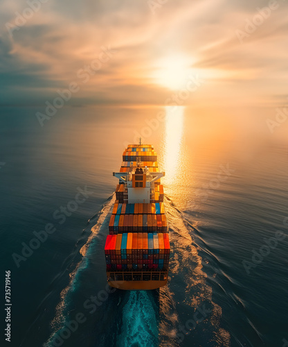 Cargo Ship Sailing at Sunset on Ocean. Aerial view of a large cargo ship loaded with containers sailing through calm ocean waters during a beautiful sunset. AI