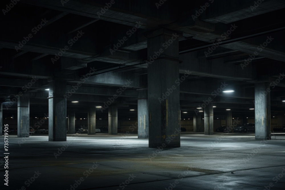 Fototapeta premium An empty parking garage with concrete pillars and lights. Generative AI.
