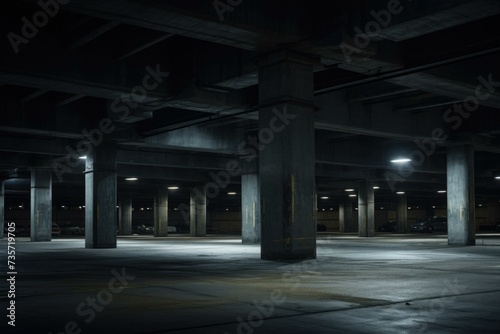 An empty parking garage with concrete pillars and lights. Generative AI.