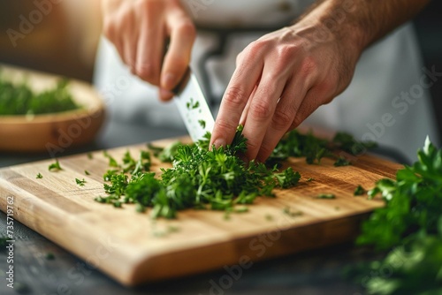 Professional Chef Finely Chopping Fresh Green Parsley on a Wooden Cutting Board. Culinary Arts and Fresh Ingredients Concept