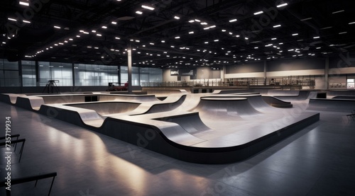 A skate park with ramps and benches inside of a building. Generative AI.