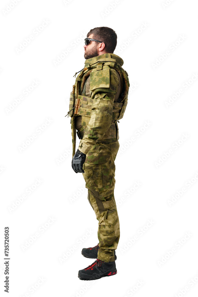 Full length portrait of man soldier wearing ammunition on white background Full length portrait of man soldier wearing ammunition on white background