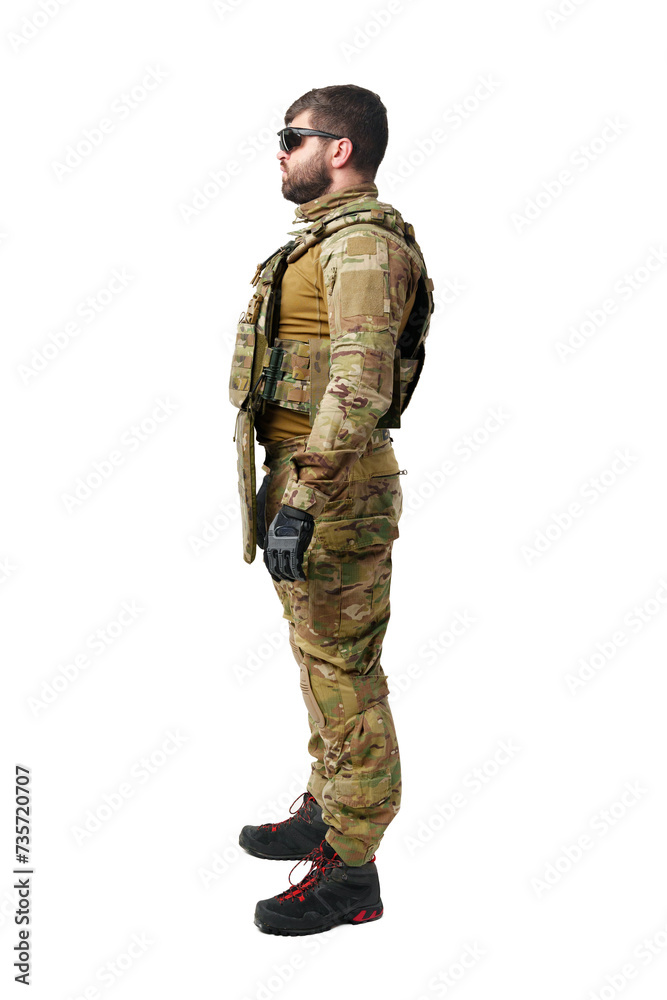 Male soldier in military ammunition isolated on white background Male soldier in military ammunition isolated on white background