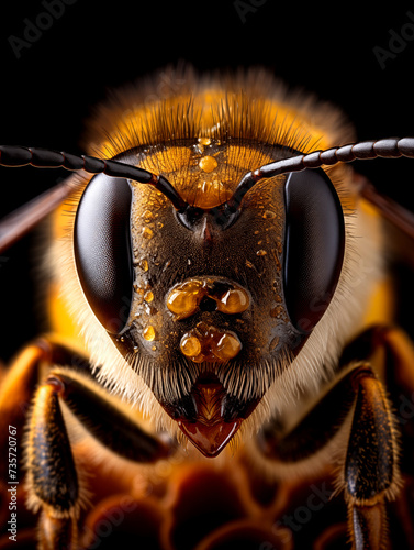 Honey Bee, A detailed close-up photo featuring a honey bee, highlighting their intricate features © Atlantist studio