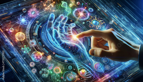 Futuristic hand orchestrating biomedical data symphony