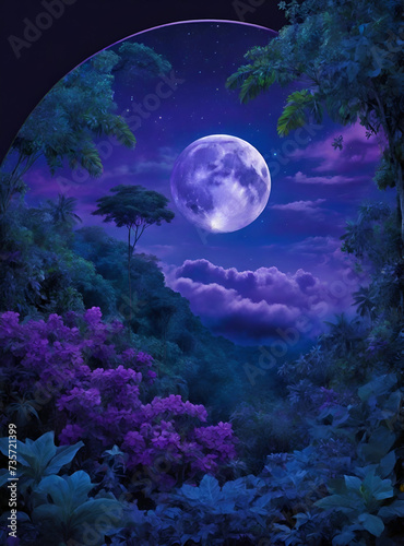night violet natural sky,round moon on the jungle