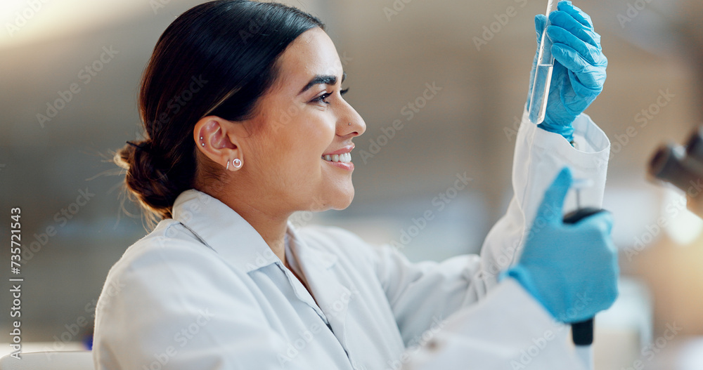 Science, laboratory and woman with pipette, test tube and biotech solution in research. Medical innovation, scientist or lab technician in study for healthcare, medicine and vaccine results feedback. Science, laboratory and woman with pipette, test tube and biotech solution in research. Medical innovation, scientist or lab technician in study for healthcare, medicine and vaccine results feedback.