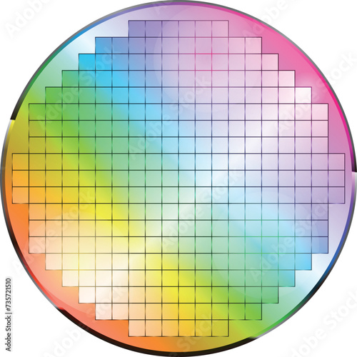 Illustration of a silicon wafer with rainbow reflections seen from the front