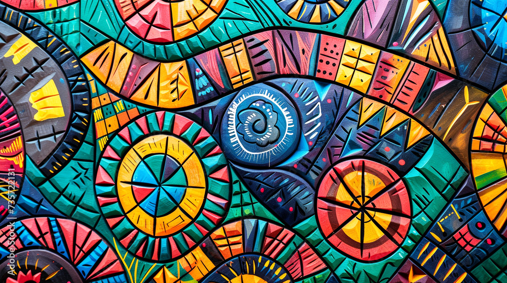 Obraz premium colorful wood carved background, African folklore pattern, hand painted. Generative Ai.