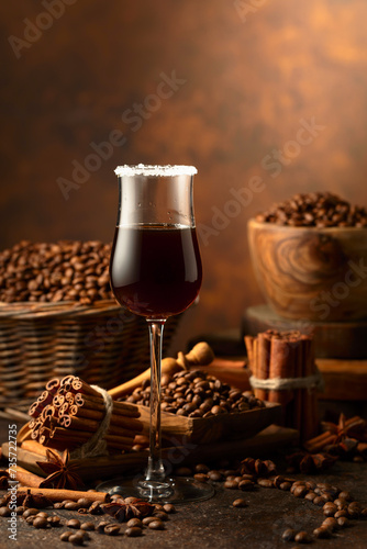 Coffee liquor on a brown background.