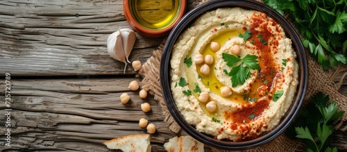 A delicious and comforting bowl of creamy hummus, perfect for a healthy snack or appetizer