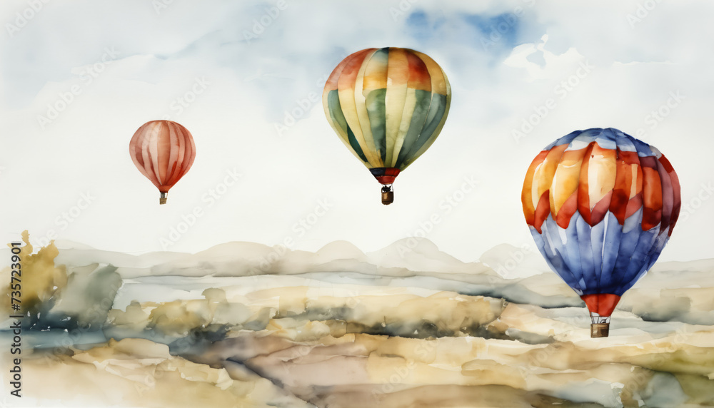 Fototapeta premium Watercolor Hot Air Balloons Over Landscape