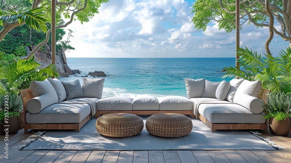 interior of a contemporary couch or sofa with a lovely view of the sea.
