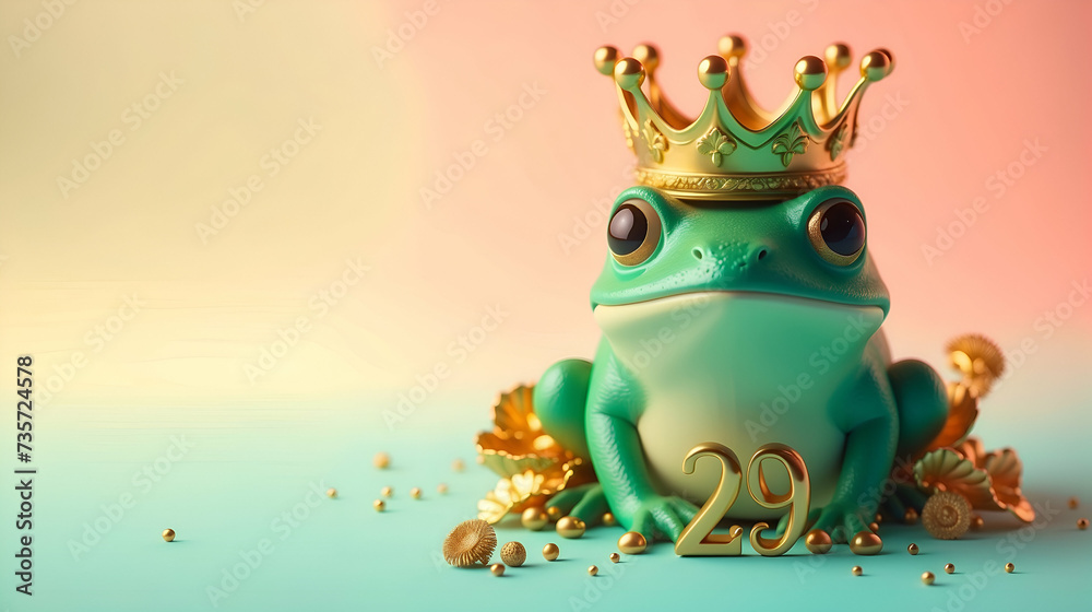 Green frog with the golden crown on the pastel background. 29 february leap year day concept - obrazy, fototapety, plakaty 