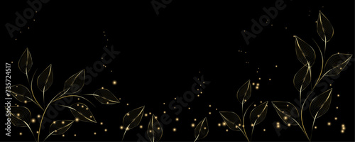 Golden Line art botany banner. Japanese style Hand drawn vector. Line art style design. Concept traditional Asian Card with space for text wedding, invitation, template card Golden frames.