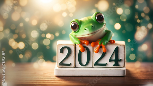 Leap day, one extra day, Leap year 29 February 2024 greeting card. Cute Green Frog Posing with 2024 Numbers on bokeh background. photo
