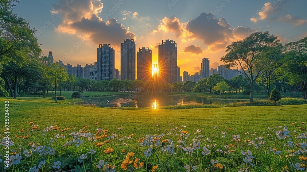 Modern towers may be seen in the backdrop as a green city park is illuminated by sunset.