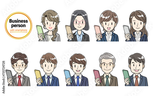スマホを持つビジネスパーソンのセットイラスト