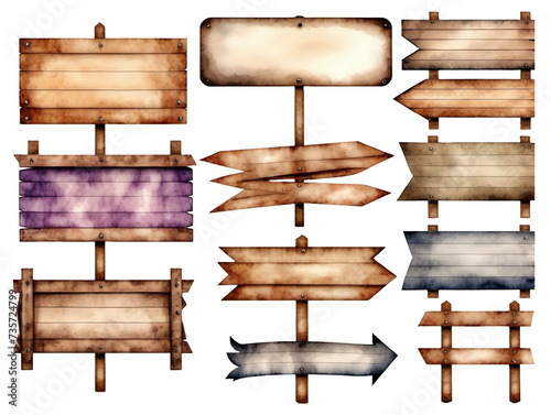 Watercolor wooden signboard set transparent background