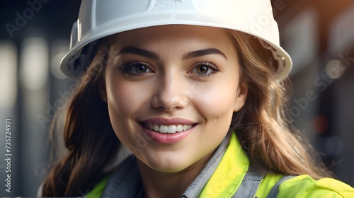 woman working on a construction site, construction hard hat and work vest, smirking 