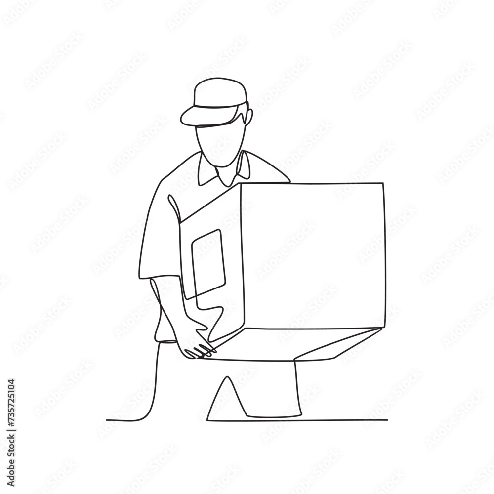 One continuous line drawing of package delivery person activity vector illustration. Illustration package delivery person while the goods will be given to the customer  in simple linear style vector.
