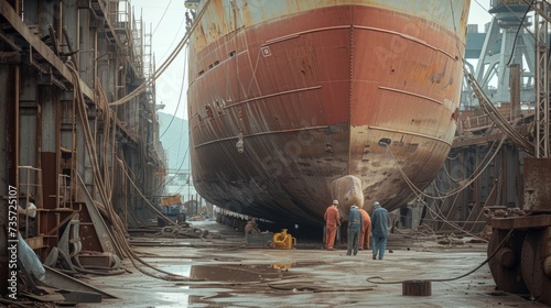 Worker cleans the hull of an old ship from rust. Vessel renovation.