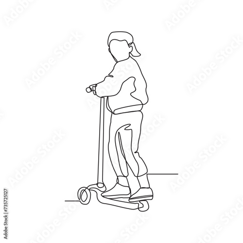 One continuous line drawing of the children playing scooter in the park vector illustration. Illustration Scooters are alternative transportation with simple linear style vector concept design.