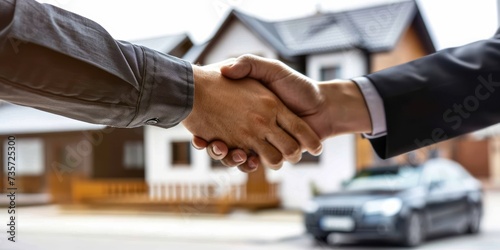 Real estate agent and customer signing contract to buy house, insurance or loan real estate, rent a house, get insurance or loan real estate or property. Two hands shake hands.