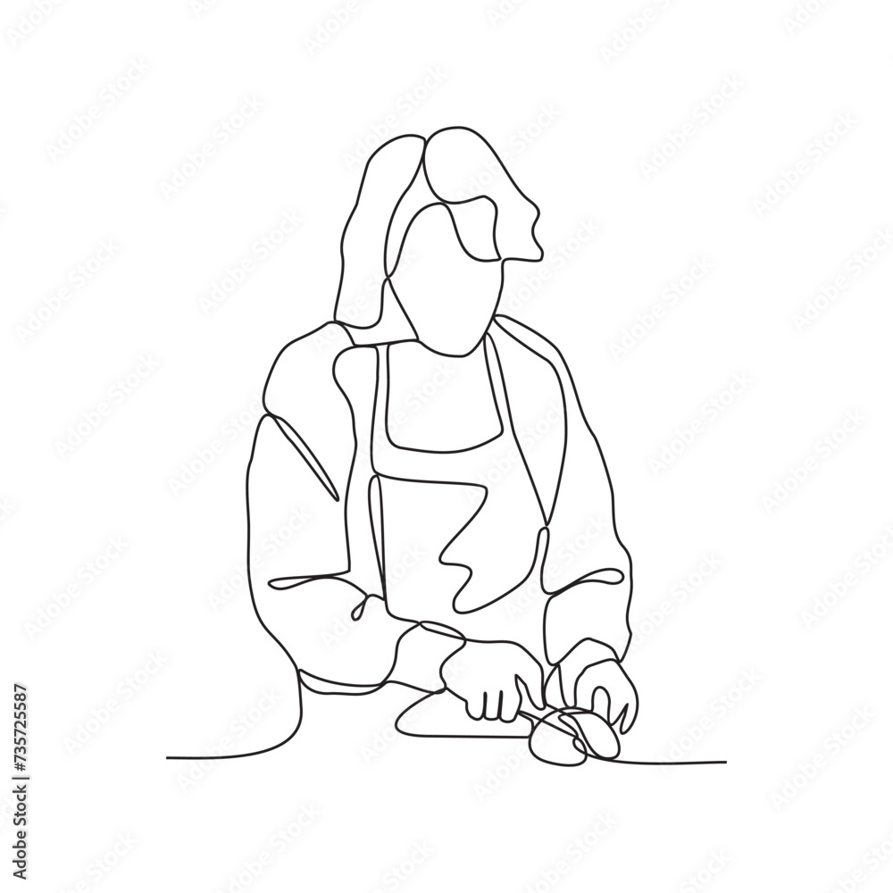 One continuous line drawing of People with housekeeping work activity vector illustration.  tasks such as sweeping, vacuuming, mopping, dusting, wiping down surfaces, and taking out the trash.
