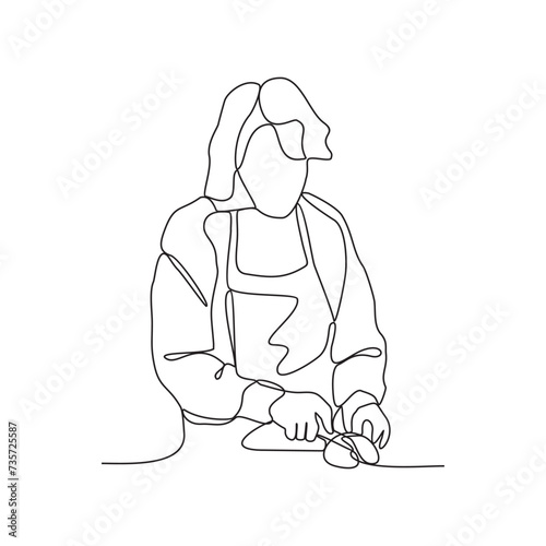 One continuous line drawing of People with housekeeping work activity vector illustration.  tasks such as sweeping, vacuuming, mopping, dusting, wiping down surfaces, and taking out the trash.