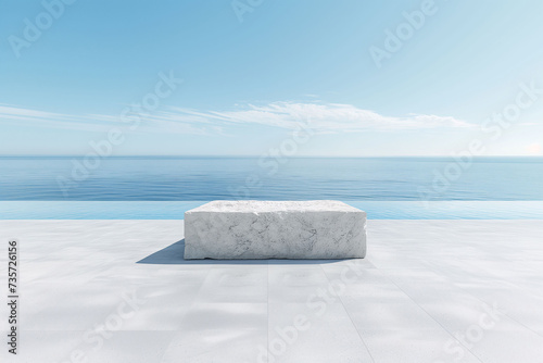 Empty white stone podium with sea view background.
