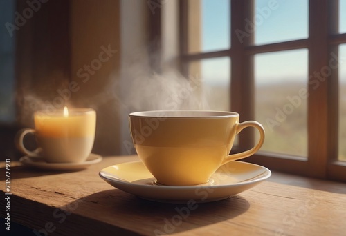 A table with a coffee mug. Sunlight. Beautiful view of the mountains on a sunny day through the window in a private house.