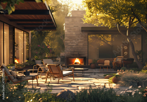an outdoor lounge design with chairs, a fireplace and patio furniture © ginnnart