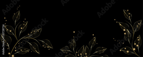 Golden Line art botany banner. Japanese style Hand drawn vector. Line art style design. Concept traditional Asian Card with space for text wedding, invitation, template card Golden frames.