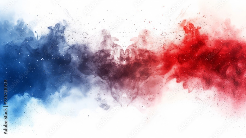 Labor Day red and blue dust explosions on a white background. The colors of the American flag are splashed on a white background and patriotic abstract designs for Independence Day and Memorial Day