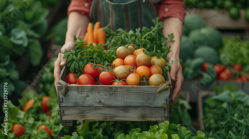 close up of vegetable farmer with freshly picked produce into a crate on an organic farm. Self-sustainable female farmer gathering a variety of fresh vegetables in her garden during harvest season