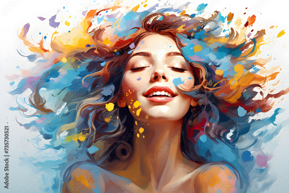 portrait of a woman with colorful splash painting, woman day concept.