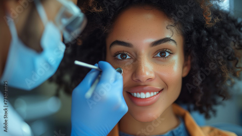 black woman in a dental chair at a medical center = doctor fixing her teeth, a Dentist examining a patient's teeth in the dentist, close up of woman teeth at the dentist