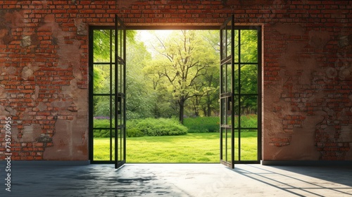 Modern contemporary loft empty room with open door to garden with sunlight