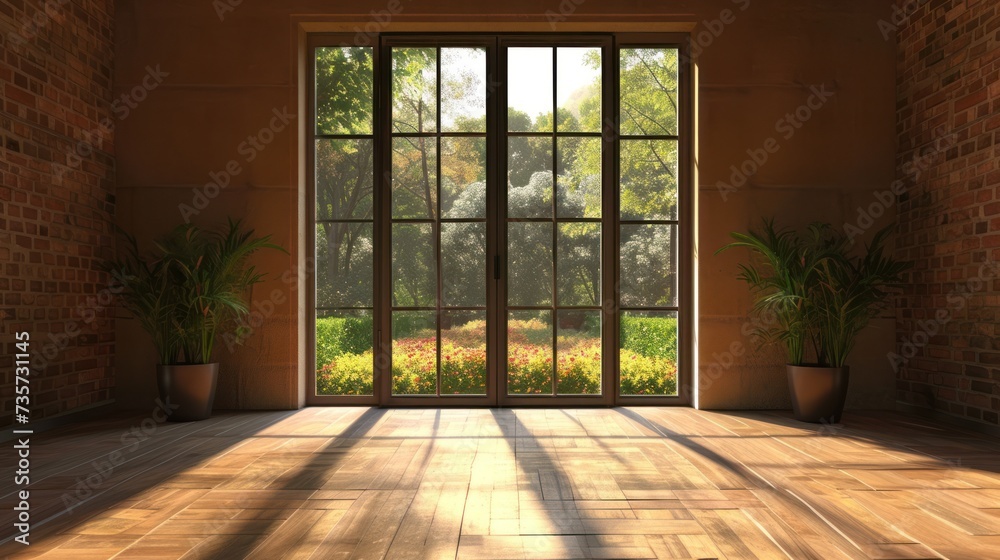 Fototapeta premium Modern contemporary loft empty room with open door to garden 