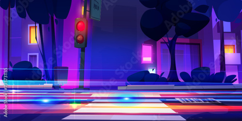 City night landscape with neon glowing speed car motion lights, sidewalk, cross zebra on road and traffic light. Cartoon dark purple cityscape with pedestrian, highway with vehicle fast movement trail