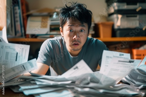 Stressed Asian man with paperwork at home