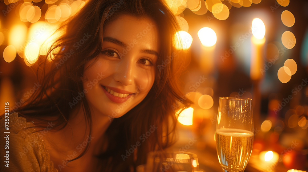 beautiful woman with a glass of champagne for a special celebration event, friendship reunion or New Year. Fine dining restaurant, friends,Happy, dinner party beautiful woman with a glass of champagne for a special celebration event, friendship reunion or New Year. Fine dining restaurant, friends,Happy, dinner party