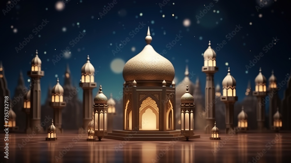 Ornamental Arabic lantern with serene mosque background with beautiful glowing lantern at night. Generative Ai